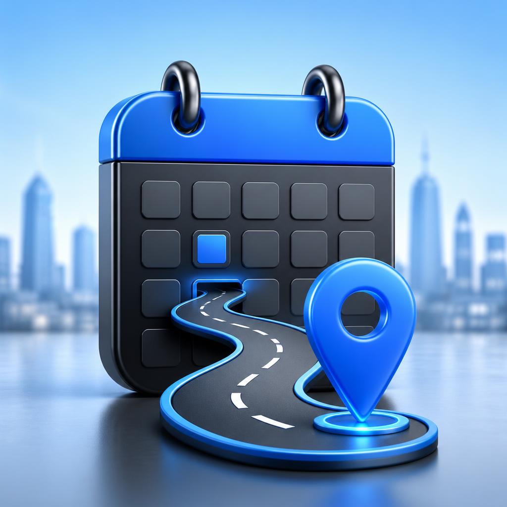 Illustrazione 3D di Planner Sales: calendario con percorso e localizzazione
